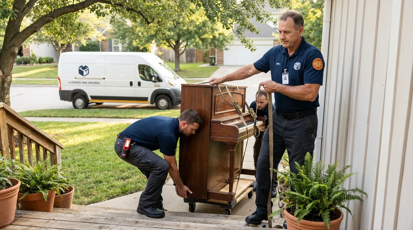 Licensed piano movers securing grand piano in Roselle, NJ