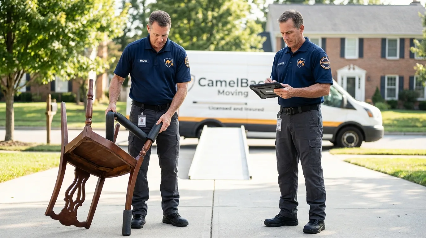 Movers inspecting furniture for damage prevention before loading in Roselle, NJ